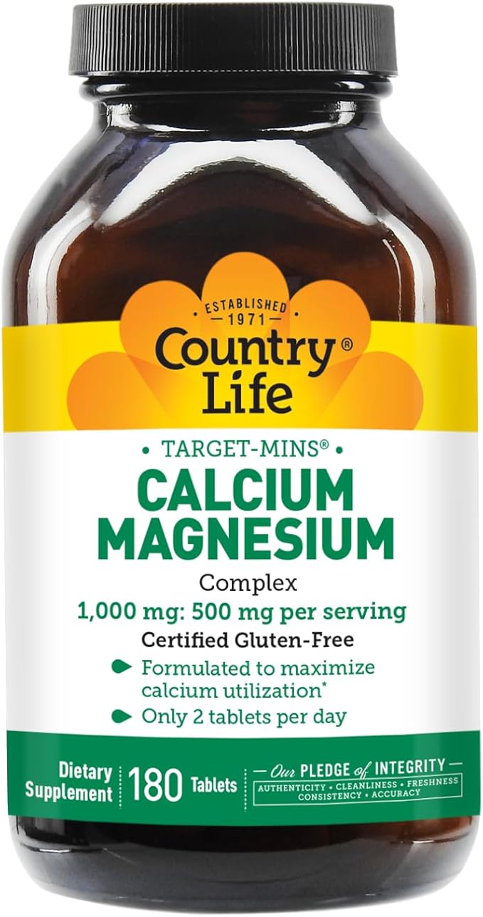 Country Life Target-Mins Calcium Magnesium Complex 1000mg/500mg, 180 Tablets, Certified Gluten Free, Certified Vegan, Certified Non-GMO Verified