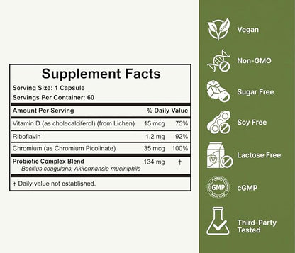 Akkermansia Muciniphila Probiotic for Weight & GLP-1 Boosting B2, D3 D3 & 60 Day