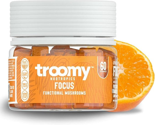 Troomy Lion's Mane Focus Gummies 60 Count - Natural Tangerine and Passionfruit Flavor, Gelatin-Free, Gluten-Free, Vegetarian
