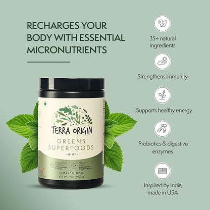TERRA ORIGIN Superfoods Greens for Immune Defense and Digestive Support | with Spirulina, Probiotics, Organic Vegetables, Digestive Enzymes | Non-GMO | 30 Servings | Mint Flavor