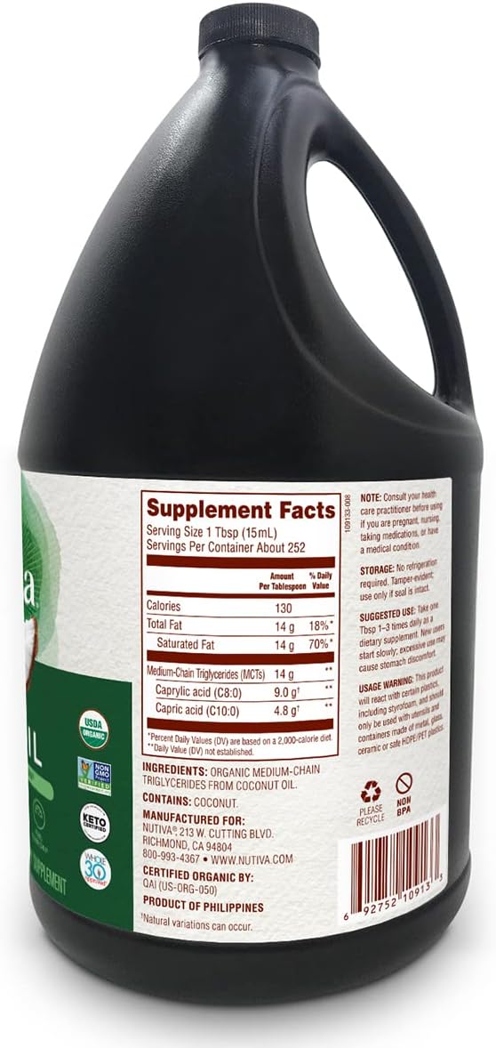 Nutiva Organic MCT Oil, 1 gallon, Unflavored for Coffee, Non-GMO made from Organic Coconuts, Keto Friendly, Best Oil Wellness Ketosis Supplement, 14g of C8 & C10 per serving