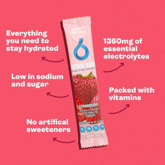 Pre and Post Drinking Liver Support for Morning Recovery | Electrolyte + Vitamins and Mineral Hydration Packs | Perfect After a Night Out | Vacation and Travel Essential (16 Pack, Strawberry)