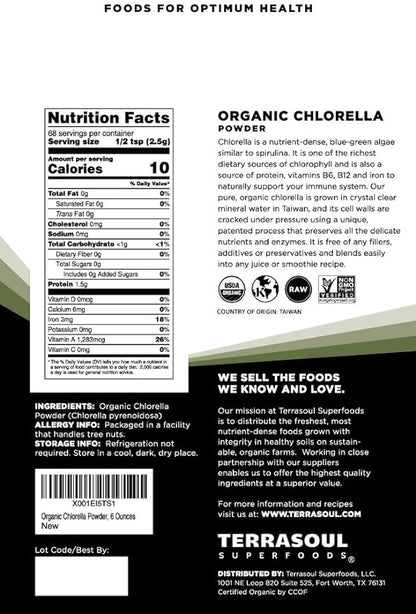 Terrasoul Superfoods Organic Chlorella Powder (Cracked Cell Walls) - 12 Oz (2 Pack)