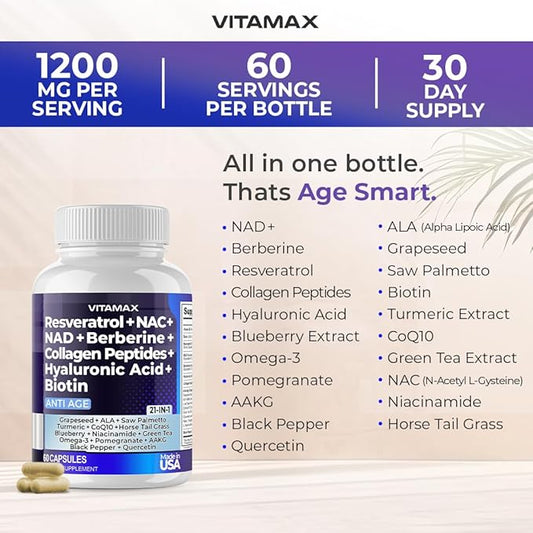 Vitamax Resveratrol NAD+ Berberine Hyaluronic Acid 21-in-1 Women 120 Count