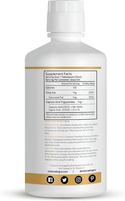 VTC VitaTradingCo. 100% Pure C8 MCT Oil | 3X Distilled Caprylic Acid | Healthy Fat for Clean Energy | Sustainably Sourced | Non-GMO, Paleo, Keto | 32oz, 64 Servings (Unflavored)