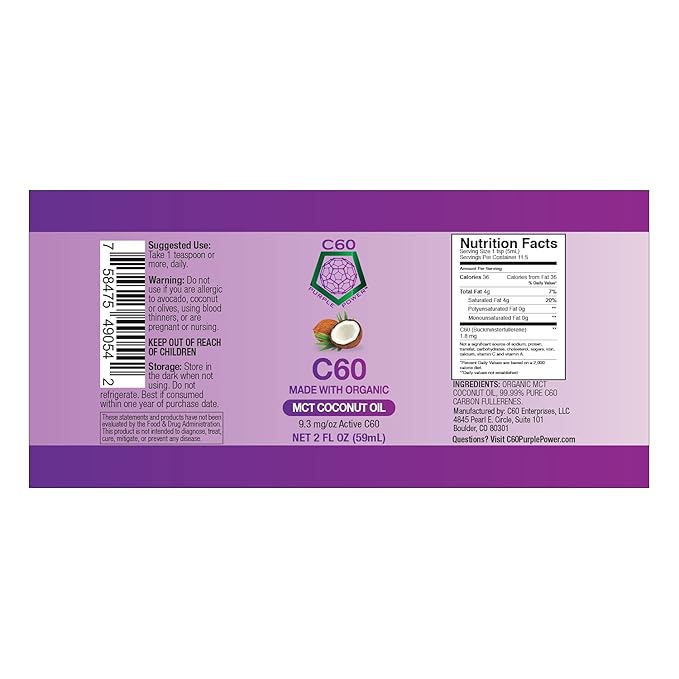 C60 Power - MCT 2-oz.- Organic MCT Coconut Oil, 2 Fl Oz, 99.99% Pure Carbon Fullerenes, Lift Oxidative Burden, Optimize Mitochondrial Function