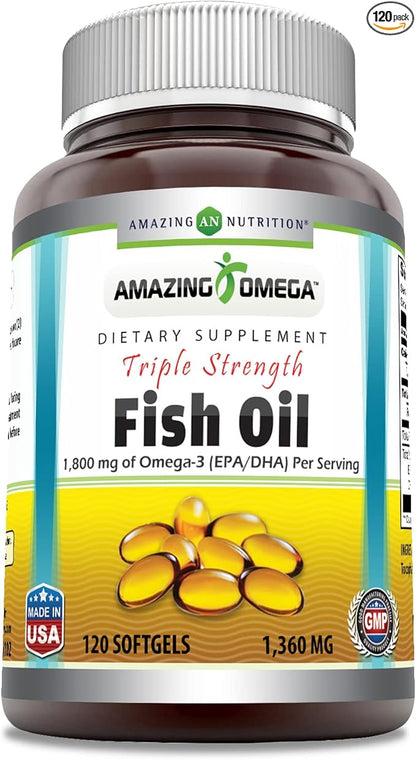 Amazing Omega Triple Strength Fish Oil (Omega-3, EPA/DHA) 1360 Mg 120 Softgels
