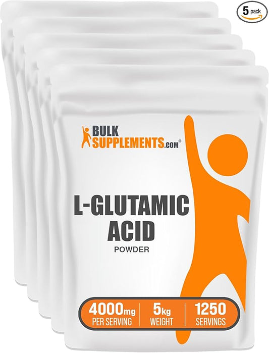BulkSupplements.com L-Glutamic Acid Powder - Glutamate Supplement, Amino Acid Supplement - for Gut Health, Gluten Free, 4000mg per Serving, 5kg (11 lbs) (Pack of 5)