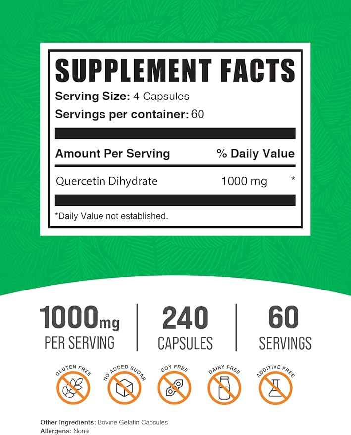 BulkSupplements.com Quercetin Dihydrate Capsule - Quercetin Supplements, Quercetin 1000mg, Quercetin Capsules - Antioxidants Supplement, 4 Capsules per Serving, 240 Capsules