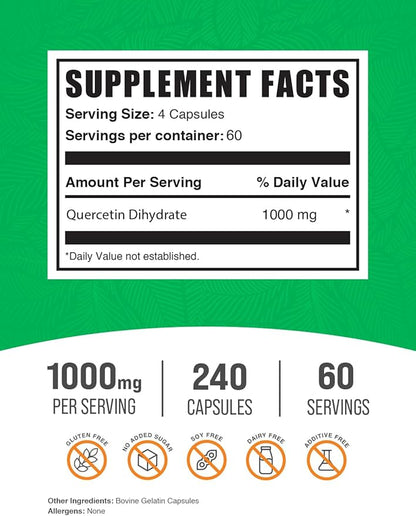 BulkSupplements.com Quercetin Dihydrate Capsule - Quercetin Supplements, Quercetin 1000mg, Quercetin Capsules - Antioxidants Supplement, 4 Capsules per Serving, 240 Capsules