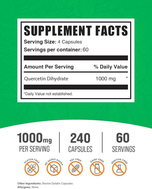 BulkSupplements.com Quercetin Dihydrate Capsule - Quercetin Supplements, Quercetin 1000mg, Quercetin Capsules - Antioxidants Supplement, 4 Capsules per Serving, 240 Capsules