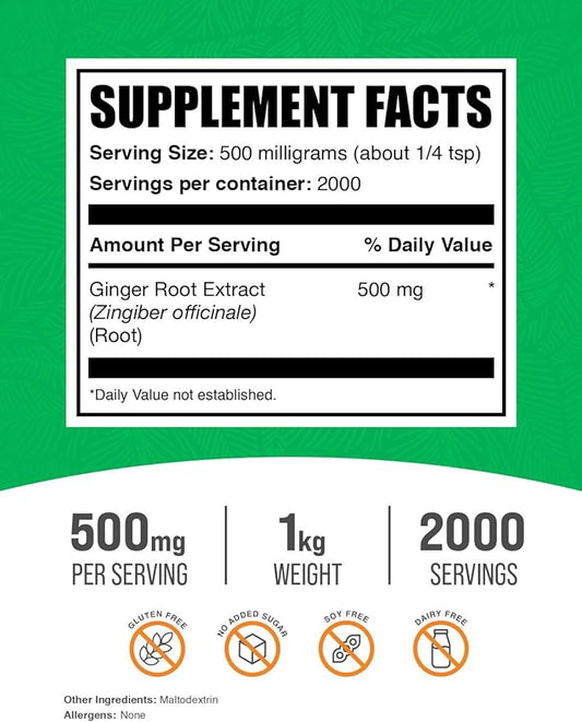 BulkSupplements.com Ginger Root Extract Powder - Ginger Supplement, Ginger Root Powder - Herbal Supplement, Gluten Free, 500mg per Serving, 1kg (2.2 lbs) (Pack of 1)
