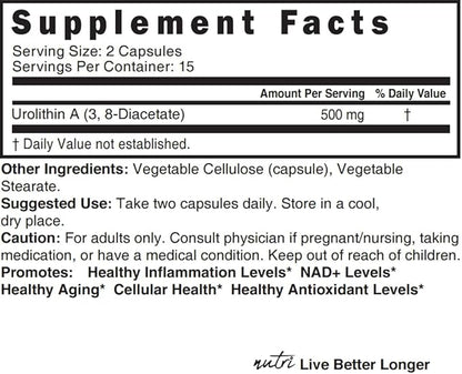 Nutri Urolithin A Supplement 500mg 3rd Party 500 mg 30 Vegan 2 Week+