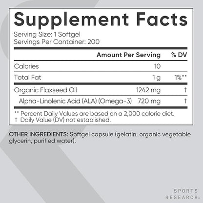 Sports Research Extra Strength Flaxseed Oil 1242mg - Omega-3 Fish (200 Count)