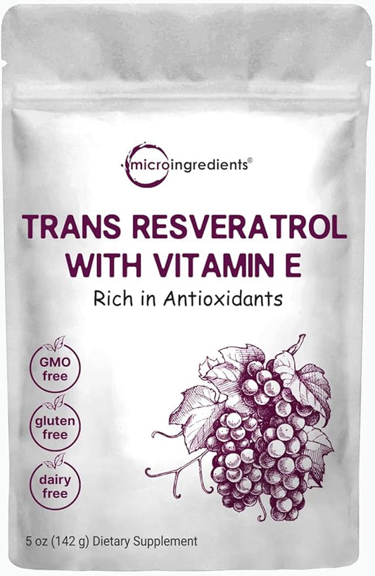 Pure Trans-Resveratrol Powder with Natural Vitamin 5 Ounce, 2 in 1 Formula,