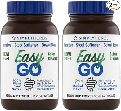 Dr. Schulze's Easy GO Bowel Mover 2-Pack | Formulated Gentle Laxative, Colon Toner & Stool Softener | 100% Plant Natural Bowel Cleanse | Promotes Regular & Complete Bowel Movements | 100 Ct Vegan