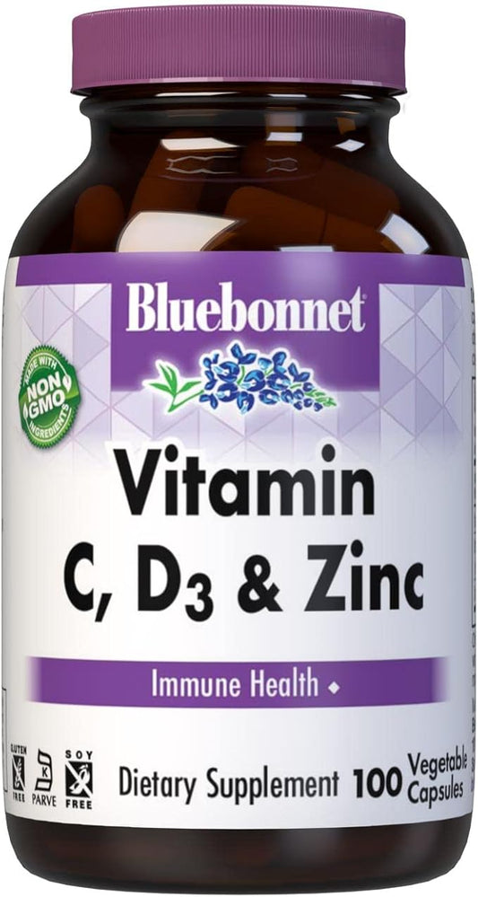 Bluebonnet Nutrition Vitamin C, D3 & Zinc, for Immune Health and Respiratory Function*, Soy-Free, Gluten-Free, Non-GMO, Kosher Certified, Dairy-Free, 100 Vegetable Capsules, 100 Servings