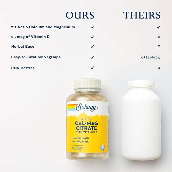 Solaray Calcium & Magnesium Citrate 2:1 D-3, Healthy 180 Capsules
