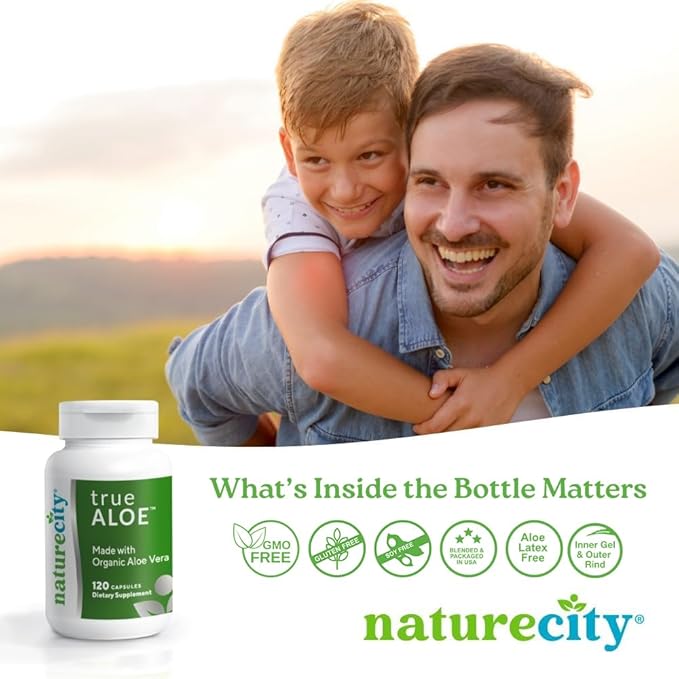 NatureCity True-Aloe 80,000mg Aloe Vera Gel Equivalent Per Serving– Made with Organic Aloe Vera (720 Capsules) Digestive, Skin and Joint Support|Small Easy-to-Swallow Pills