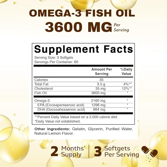 Vitamatic Triple Strength Omega 3 Fish 3600mg Per 2160mg Omega 3 Fatty 1296mg EPA 864mg DHA, 180 Softgels