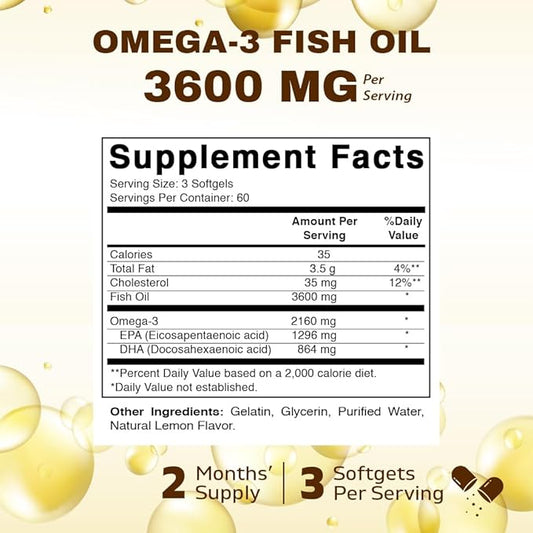 Vitamatic Triple Strength Omega 3 Fish 3600mg Per 2160mg Omega 3 Fatty 1296mg EPA 864mg DHA, 180 Softgels