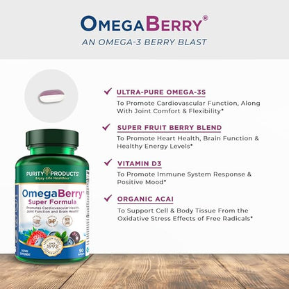 Purity Products OmegaBerry Fish Oil w/Vitamin D3 + 1875 mg Omega-3s 1080 1080 mg 720mg DHA 120 mg 90 Count