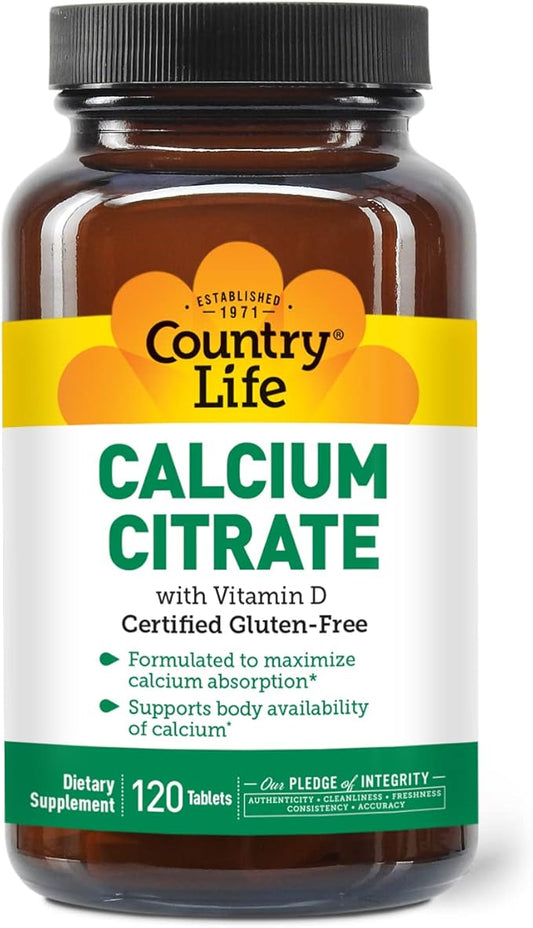 Country Life Calcium Citrate with Vitamin D – 500mg – Highly Absorbable Calcium Supplement – Certified Gluten Free, Vegan, Halal, Non-GMO – 120 Tablets
