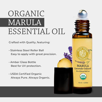 Organic Marula Seed & Lavender Essential Oil, 100% Pure USDA Certified Aromatherapy, Deep Hydration for Face, Body, Lips, Hair, Nails - 10 ml Roller by Silk Road Organic