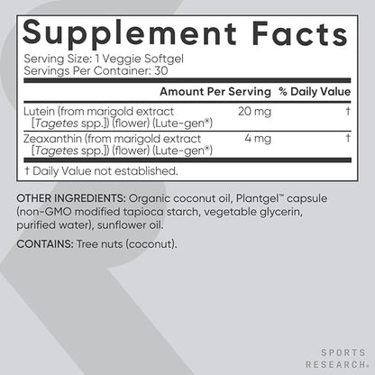 Sports Research Vegan Lutein + Zeaxanthin (20mg) with (30 Softgels)