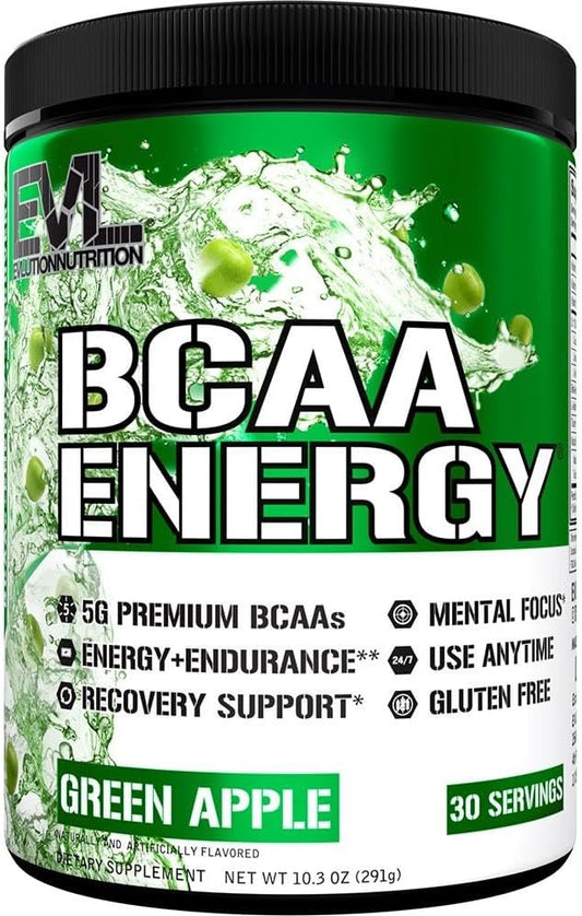 EVL BCAAs Amino Acids Powder - Rehydrating BCAA Powder Post Workout Recovery Drink with Natural Caffeine - BCAA Energy Pre Workout Powder for Muscle Recovery Lean Growth and Endurance - Green Apple