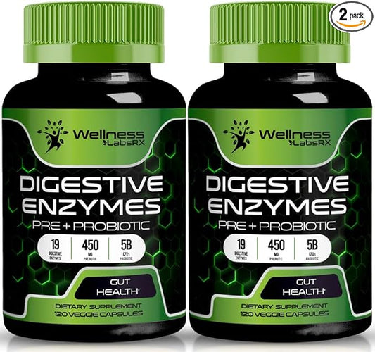 Digestive Enzymes with Probiotics and Prebiotics 450mg - 5 Billion 120 Capsules, 2 Packs