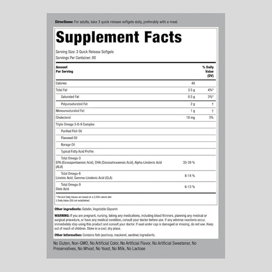 Piping Rock Omega 3 6 9 Supplements 3600mg | 240 Softgel