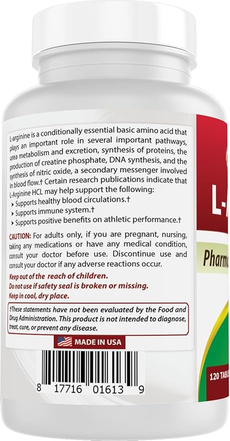 (New Improved Formula) Best Naturals L-Arginine 1000 mg 120 Tablets - Pharmaceutical Grade L Arginine supplement promotes nitric oxide synthesis