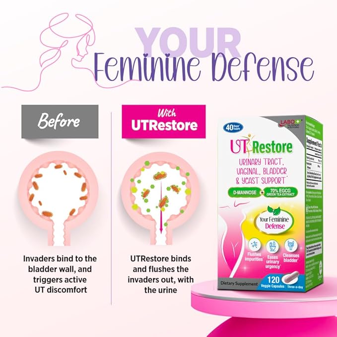 LABO Nutrition UTRestore D-Mannose & Green Tea Extract 70% EGCG, Urinary Tract Health for Women, Bladder Support with Vitamin C, 40 Days Supply, Vegan, Fast-Acting, Flush, Cleanse, Halal Certified