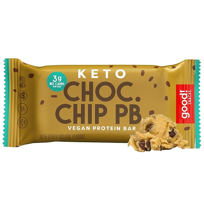 good! Snacks Keto Vegan Protein Bars, Chocolate Chip Peanut Butter, Gluten Free Keto Snack Bar, Low Carb, Low Sugar Meal Replacement, High Protein Healthy Snacks, 11g Protein, 3g Net Carbs, 12 Bars