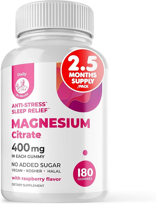 Dr. Moritz Magnesium Gummies for Adults - Low-Sugar Magnesium Gummies 400 mg - Easy to Chew Adult and Kids Magnesium Gummies (180 Count) - Raspberry Flavored Magnesium Citrate Gummies