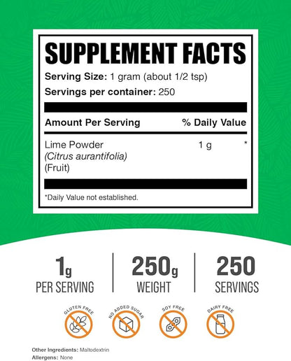 BulkSupplements.com Lime Powder - Dehydrated Lime Powder, Lime Fruit Powder, for Flavoring - Air Dried & Gluten Free, 1000mg per Serving, 250g (8.8 oz) (Pack of 1)