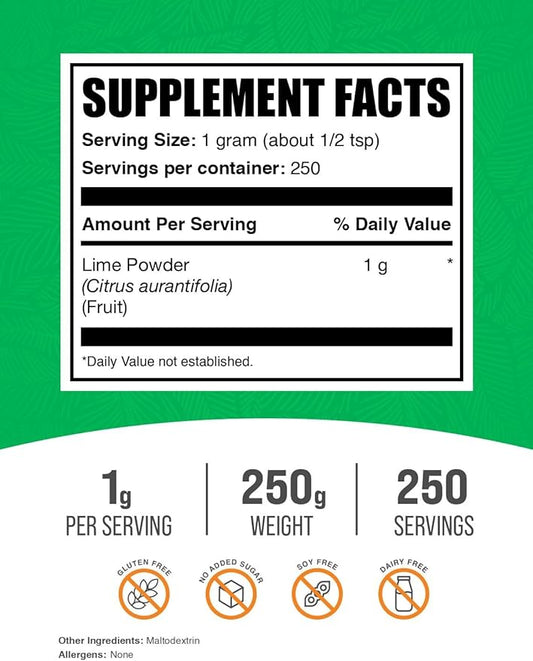 BulkSupplements.com Lime Powder - Dehydrated Lime Powder, Lime Fruit Powder, for Flavoring - Air Dried & Gluten Free, 1000mg per Serving, 250g (8.8 oz) (Pack of 1)