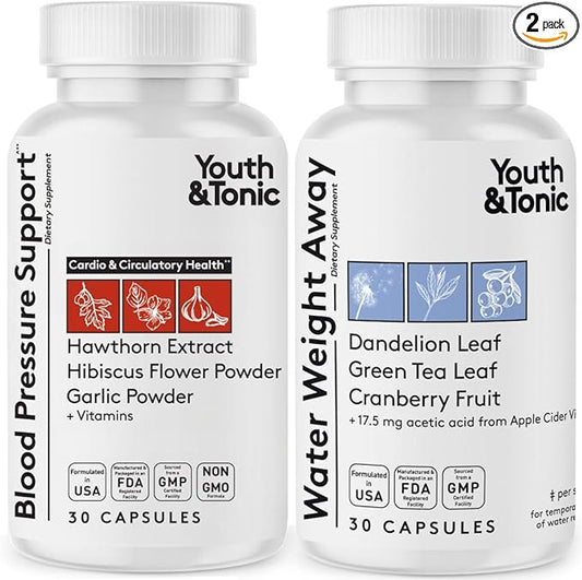 Youth & Tonic Daily Water Weight Away Pills and Blood Pressure Support Supplements/Natural Diuretics for Water Retention & BP Capsules to Maintain a Good Circulatory Health / 60 CPS for Women & Men
