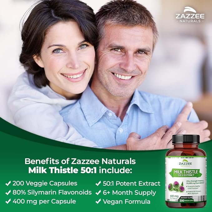 Zazzee Organic Milk Thistle 50:1 Extract, 20,000 mg 200 Vegan 80% Silymarin 6 Month 50X Extract,