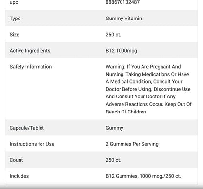 Berkley Jensen Vitamin B12 Gummies, 1000 250 Count
