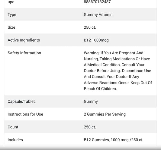 Berkley Jensen Vitamin B12 Gummies, 1000 250 Count