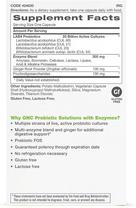 GNC Probiotic Solutions with Enzymes 25 Billion 30 Capsules,