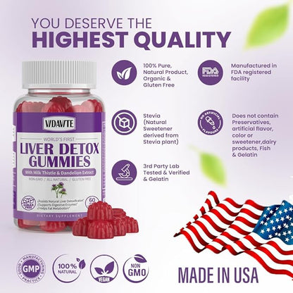 Sugar-Free Liver Cleanse Detox & Repair Gummies — 1500mg Silymarin Milk Thistle Supplement with Artichoke Extract Liver Health Formula, and 20+ Liver Detoxifiers for Men & Women (60 Gummies)
