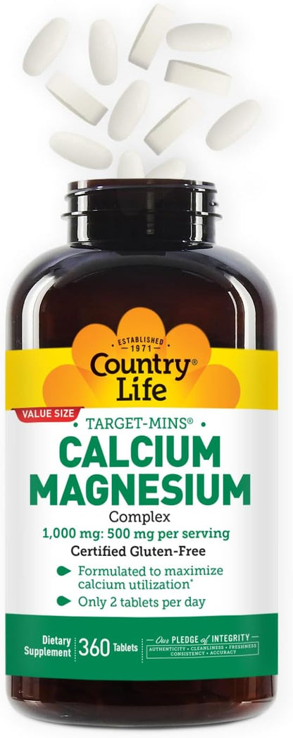 Country Life Target-Mins Calcium Magnesium Supplement for Bone Health, 1000mg Calcium, 500mg Magnesium, Gluten Free, 2:1 Ratio for Optimal Utilization