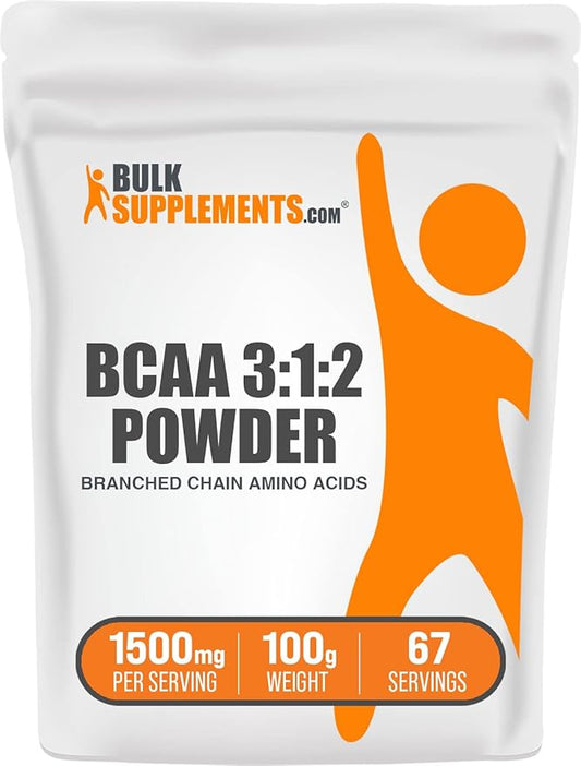 BulkSupplements.com BCAA 3:1:2 Powder - BCAA Supplements, BCAA Powder, Branched Chain Amino Acids - Unflavored & Gluten Free, 1500mg per Serving, 100g (3.5 oz) (Pack of 1)