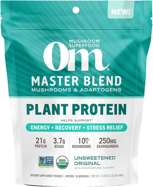OM MUSHROOM SUPERFOOD Master Blend Mushroom Plant-Based Protein, 17.07 oz, 16 Servings Unsweetened Original