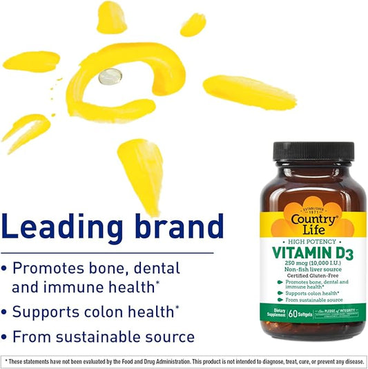 Country Life Vitamin D3 10,000 IU – High Potency, Non-Fish Source | Bone, Immune & Colon Health Support | 60 Softgels | Certified Gluten-Free, Clean Formula with MCT Oil for Better Absorption
