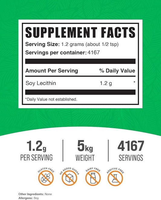 BulkSupplements.com Soy Lecithin Powder - Lecithin Supplement, Lecithin 1200mg Powder - Lecithin Powder Food Grade, Gluten Free, 1200mg per Serving, 5kg (11 lbs) (Pack of 5)