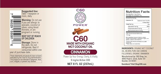 C60 Power Cinnamon Flavored C60 MCT Coconut Oil - Organic Cold-Pressed Coconut Oil - 99.99% Pure C60 Carbon Fullerenes - Boost Energy & Mental Focus (8oz)